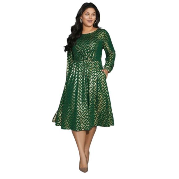 BloomChic Green and Gold Zigzag Chevron Midi Dress Women's Plus Size 30 NEW - Picture 2 of 13